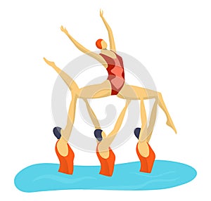 Synchro movement performance in pool, isolated on white vector illustration. Swimmer sport team in swimsuit icon. Woman