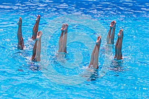 Synchronised swimming. Beautiful lean female legs in the water of a swimming pool. Concept of beauty, artistry