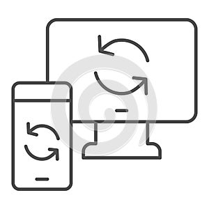 Synchronization between devices thin line icon. Wifi connection with computer and smartphone. Multimedia vector design