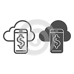 Synchronization with smartphone line and glyph icon. Cloud and phone vector illustration isolated on white. Dollar on