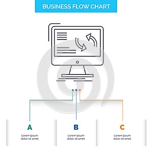 synchronization, sync, information, data, computer Business Flow Chart Design with 3 Steps. Line Icon For Presentation Background