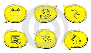 Synchronize, Photo camera and Road banner icons set. Flash memory sign. Vector