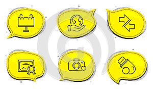 Synchronize, Photo camera and Road banner icons set. Flash memory sign. Vector photo