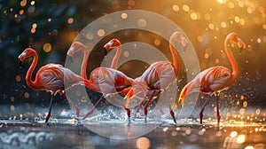 Synchronized ballet of flamboyant flamingos at african salt pan in evening light