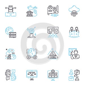 Synchronized effort linear icons set. Synergy, Collaboration, Cooperation, Coordination, Teamwork, Harmony, Groupwork