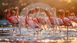 Synchronized flamingo ballet african salt pan spectacle in golden evening light