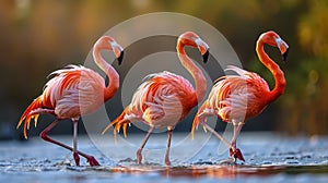 Synchronized flamingos with vibrant plumage dancing at sunset on an african salt pan