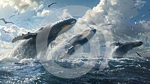 Synchronized migration of majestic blue whales breaching and diving in photorealistic ocean scenery