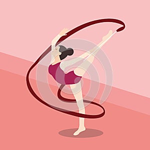 Synchronized ribbon rhytmic dance athletic young girl performance