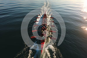 synchronized rowers on the sea Aerial view, perfect harmony