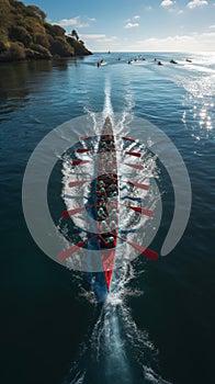 synchronized rowers on the sea Aerial view, perfect harmony