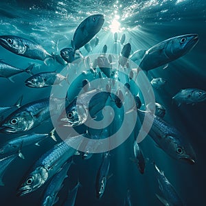 Synchronized Shoal of Silver-Scaled Sardines, AI generated
