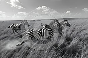 Synchronized Stripes in Motion: Zebras on the Savanna. Concept Wildlife Photography, Animal