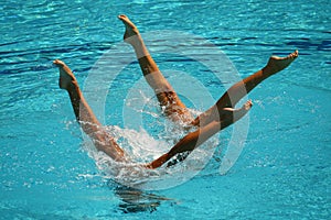 Synchronized swimming duet during competition