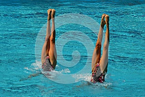 Synchronized swimming duet during competition