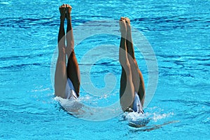 Synchronized swimming duet during competition