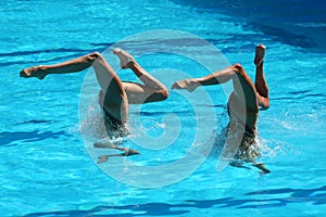 Synchronized swimming duet during competition