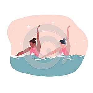 Synchronized swimming vector illustration. Women synchro swimmers work as a team in swimming pool. Water sport concept