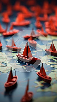 Synchronized triumph Red leader boat guides paper boats on map, depicting teamworks impact