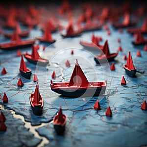 Synchronized triumph Red leader boat guides paper boats on map, depicting teamworks impact