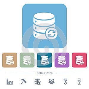 Syncronize database flat icons on color rounded square backgrounds
