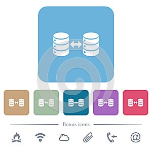 Syncronize databases flat icons on color rounded square backgrounds
