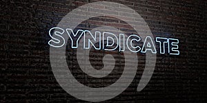 SYNDICATE -Realistic Neon Sign on Brick Wall background - 3D rendered royalty free stock image
