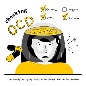 Syndrome OCD and intrusive thoughts and checking things. Vector illustration obsessive compulsive disorder symptoms of
