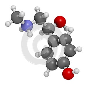 Synephrine herbal stimulant molecule. Present in several Citrus species. 3D rendering. Atoms are represented as spheres with.