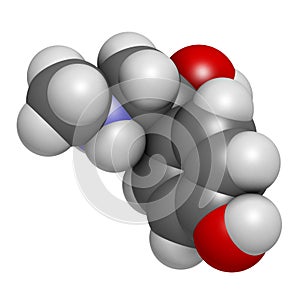 Synephrine herbal stimulant molecule. Present in several Citrus species. 3D rendering. Atoms are represented as spheres with.