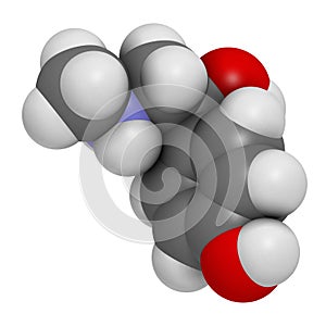 Synephrine herbal stimulant molecule. Present in several Citrus species. 3D rendering. Atoms are represented as spheres with.