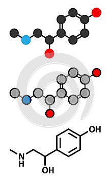 Synephrine herbal stimulant molecule. Stylized 2D renderings and conventional skeletal formula. Present in several Citrus species.