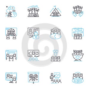 Synergy and coordination linear icons set. Collaboration, Integration, Teamwork, Harmony, Alignment, Symbiosis, Unity