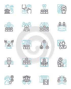 Synergy and coordination linear icons set. Collaboration, Integration, Teamwork, Harmony, Alignment, Symbiosis, Unity