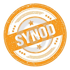 SYNOD text on orange round grungy stamp