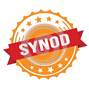 SYNOD text on red orange ribbon stamp