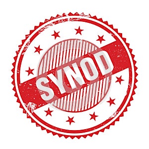 SYNOD text written on red grungy round stamp