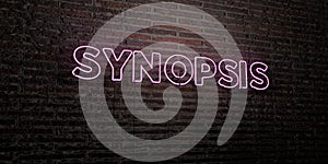 SYNOPSIS -Realistic Neon Sign on Brick Wall background - 3D rendered royalty free stock image