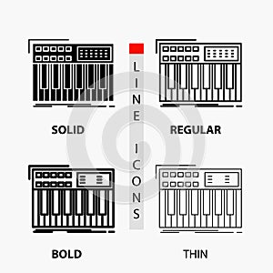 synth, keyboard, midi, synthesiser, synthesizer Icon in Thin, Regular, Bold Line and Glyph Style. Vector illustration