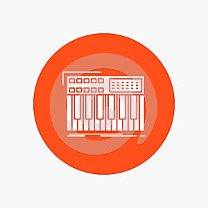 synth, keyboard, midi, synthesiser, synthesizer White Glyph Icon in Circle. Vector Button illustration