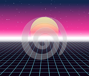 Synth wave retro grid background. Synthwave 80s vapor vector game poster neon futuristic laser space arcade