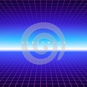 Synth wave retro grid background. Synthwave 80s vapor vector game poster neon futuristic laser space arcade