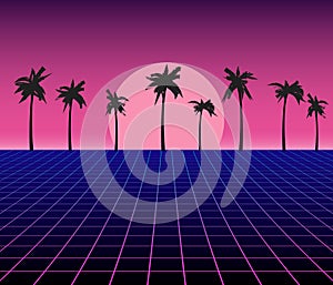 Synth wave retro grid background. Synthwave 80s vapor vector game poster neon futuristic laser space landscape