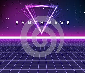 Synth wave retro grid background. Synthwave 80s vapor vector game poster neon futuristic laser space arcade photo