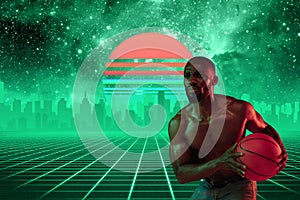 Synth wave and retro wave, vaporwave futuristic aesthetics. Sportsman in glowing neon style.
