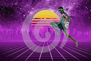 Synth wave and retro wave, vaporwave futuristic aesthetics. Sportsman in glowing neon style.