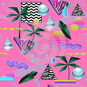 Synth Wave Tropical Seamless Pattern. Futuristic Background with Neon Glowing Geometric Elements. Holographic Design for Posters