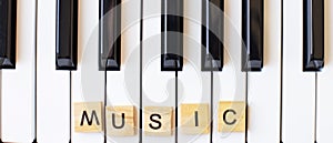 Synthesizer keys black and white background with copy space for your text. Piano octave close up