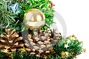 Synthetic Christmas tree with colored balls on branches and fir