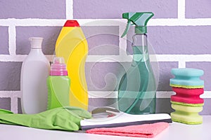 Synthetic dusters, gloves and window cleaning brush and detergents